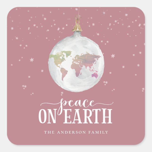Sticker Carré Paix sur Terre Globe Ornement Dusty Rose Holiday (Devant)