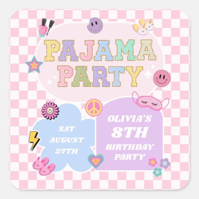 Sticker Carré Pajama Party Preppy Varsity Patch Anniversaire (Devant)