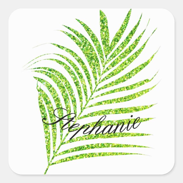 Sticker Carré Palm Leaves Glittery Green Custom Name mignon (Devant)