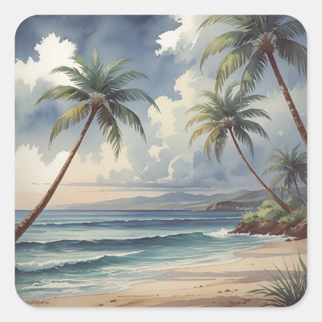 Sticker Carré Palm Trees Hawaiian Travel Honolulu Blue Sea (Devant)