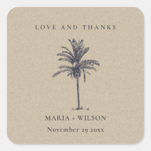 Sticker Carré Palmier Tropical Marine Kraft Mariage Merci