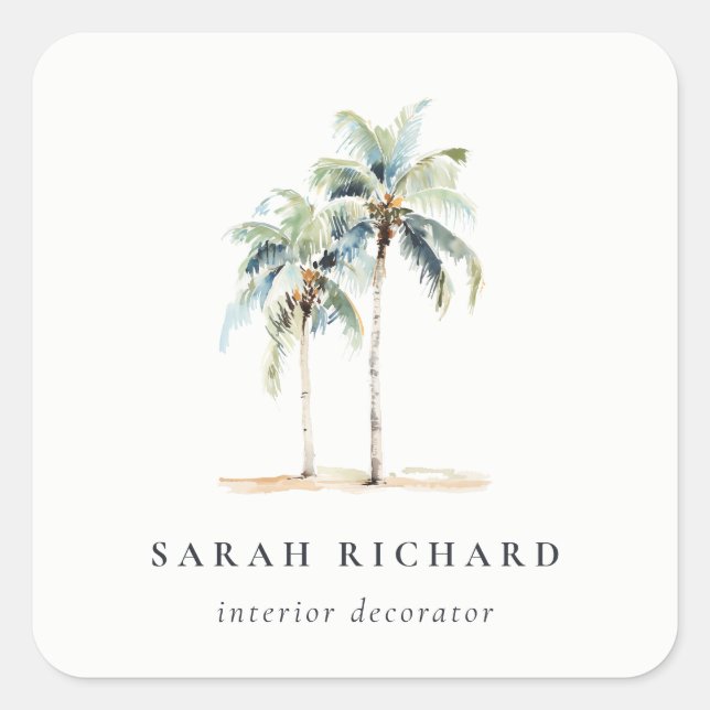 Sticker Carré Palmiers côtiers tropicaux Aquarelle Bleu Vert (Devant)