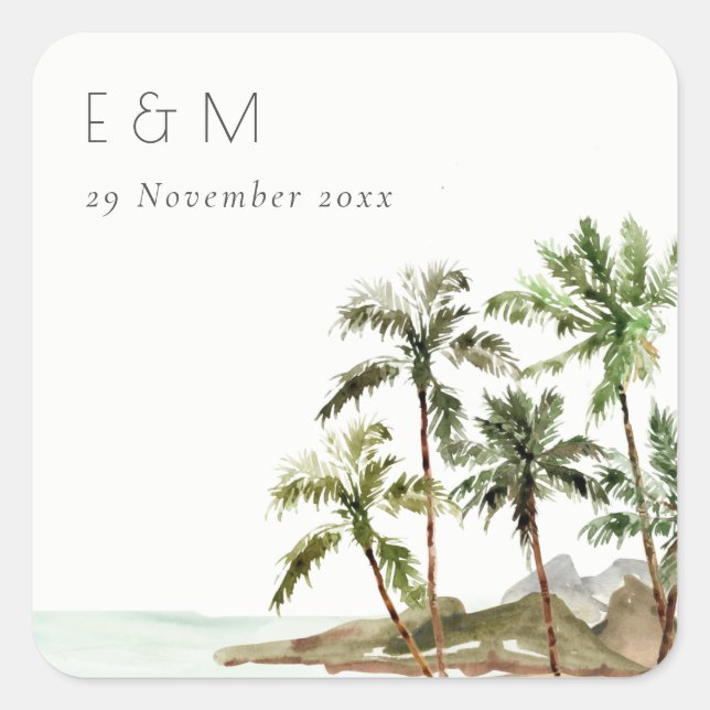 Sticker Carré Palmiers tropicaux Mariage de sable de plage Monog (Devant)