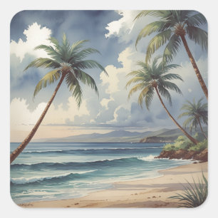 Sticker Carré Palmiers Voyage Hawaïen Honolulu Mer Bleue