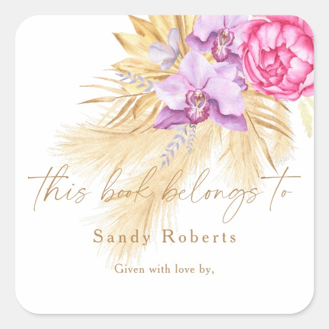 Sticker Carré Pampas d'herbe séchée Boho - ce livre appartient à (Devant)