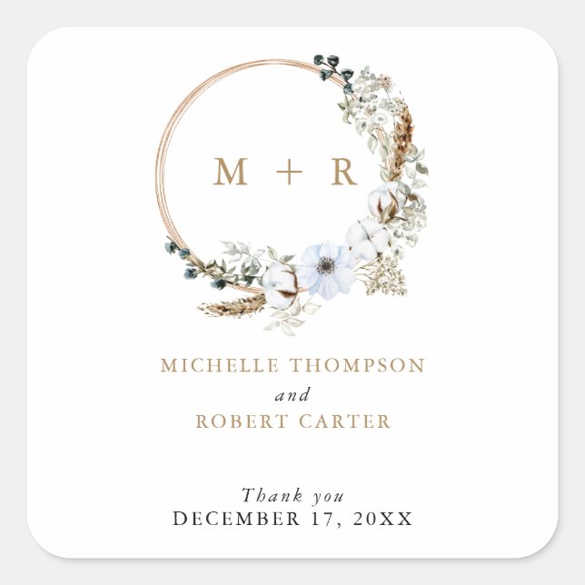 Sticker Carré Pampas Grass Mariage Boho Terracotta Monogram Chic (Devant)