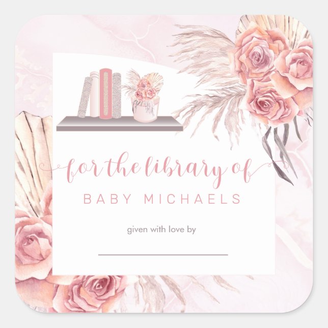 Sticker Carré Pampas Grass | Plaque Baby shower rose Roses (Devant)