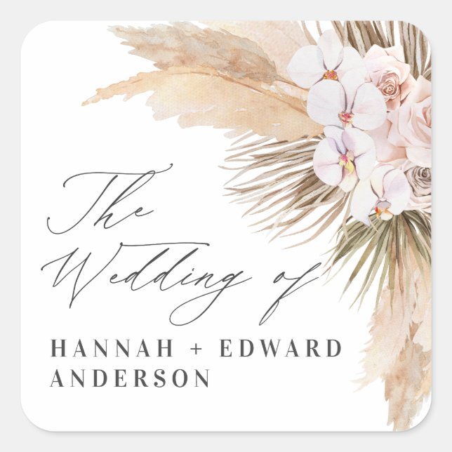 Sticker Carré Pampas herbe séché botanique script boho mariage (Devant)