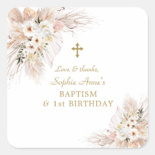 Sticker Carré Pampas Rose Désert Grass 1er Anniversaire Baptême