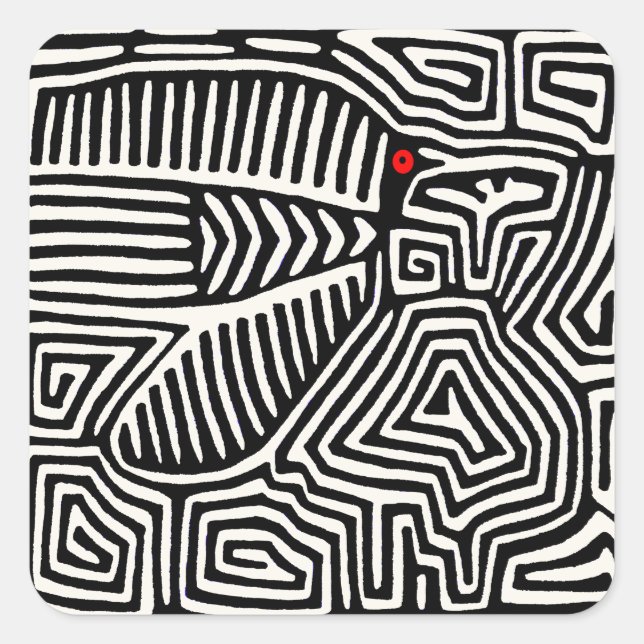 Sticker Carré Panama Kuna Indian Mola Pajaro - noir blanc (Devant)