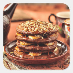 Sticker Carré Pancakes au chocolat avec bananes et caramel