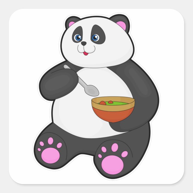 Sticker Carré Panda à manger avec cuillère et bol (Devant)