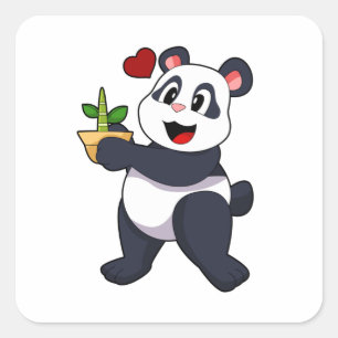 Sticker Carré Panda avec fleur de bambou