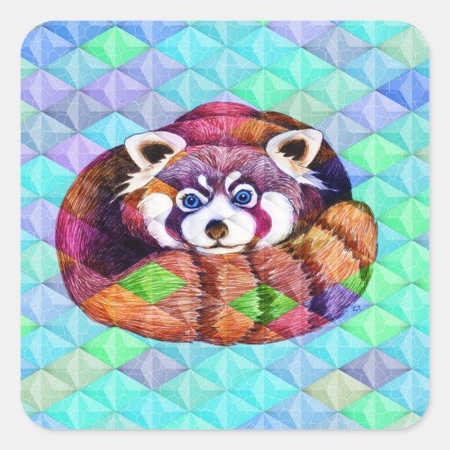 Sticker Carré Panda bear on turquoise cubism (Devant)