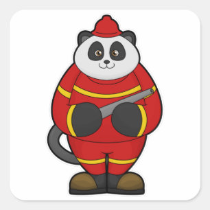 Sticker Carré Panda comme pompier avec tuyau