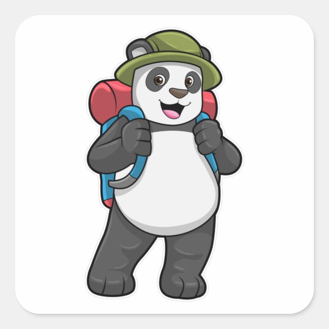 Sticker Carré Panda comme randonneur avec sac à dos (Devant)