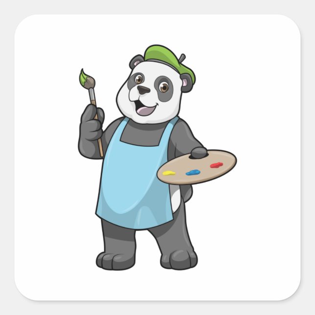 Sticker Carré Panda en peintre avec pinceau et couleur (Devant)