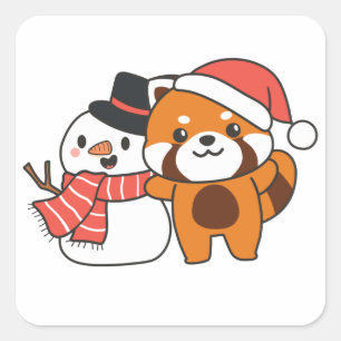 Sticker Carré Panda Rouge Avec Snowman En Hiver Pour Noël Squ