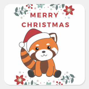 Sticker Carré Panda Rouge Noël Neige Animaux d'hiver Pandas