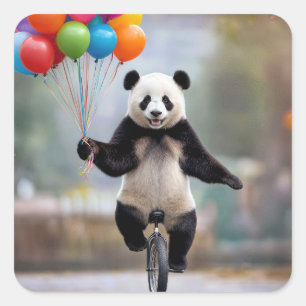 Sticker Carré Panda sur un monocycle avec un bouquet de ballons