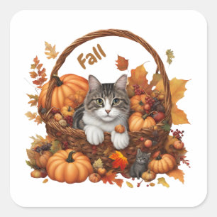Sticker Carré Panier Citrouille d'automne avec de mignons chats