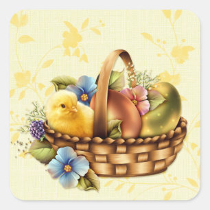 Sticker Carré Panier de Pâques avec oeufs et poussins