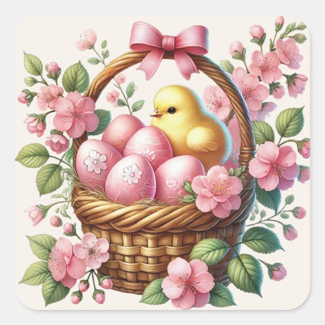 Sticker Carré Panier de Pâques Oeufs roses Chick Jaune (Devant)