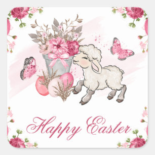 Sticker Carré Panier floral rose et agneau mignon Joyeuses Pâque