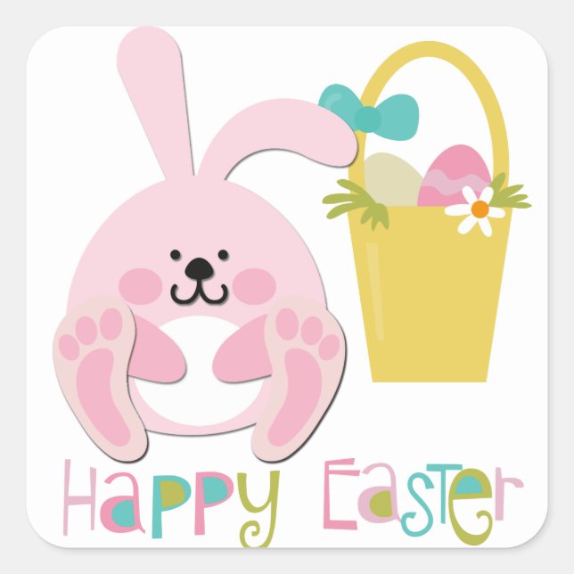 Sticker Carré Panier lapin rose de Pâques (Devant)