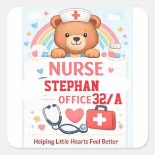 Sticker Carré Panneau personnalisé d'ours infirmière mignon, Éco
