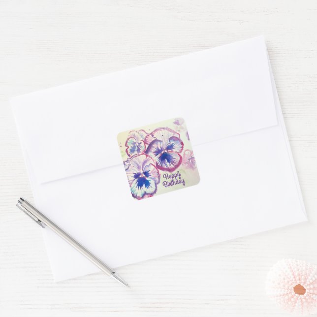 Sticker Carré Pansies Pansy Fleur violet Rose floral (Enveloppe)