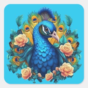 Sticker Carré Paon avec roses de pêche