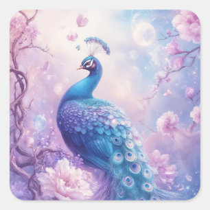 Sticker Carré Paon Bleu dans un Jardin Magique de Lavande au Cla