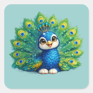 Sticker Carré Paon mignon avec grand yeux dessin d'oiseau Kawaii