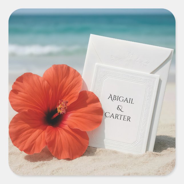 Sticker Carré Papeterie De Mariage De Plage Avec Fleur Hibiscus (Devant)