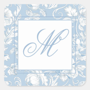 Sticker Carré Papier à lettres monogramme chinoiserie bleu et bl