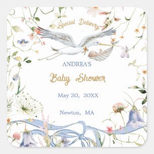 Sticker Carré Papier Baby shower  à ruban Fleur sauvage Stork