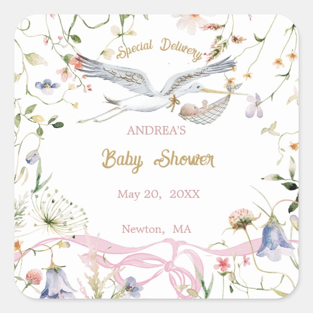 Sticker Carré Papier Baby shower  à ruban Fleur sauvage Stork (Devant)