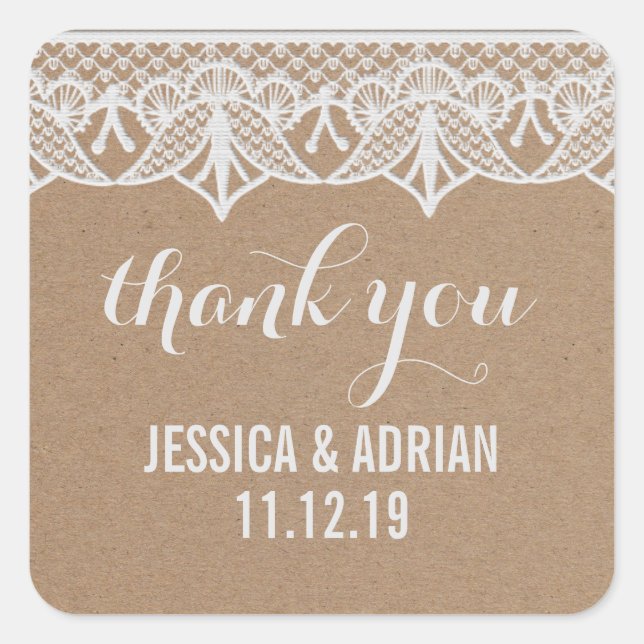Sticker Carré Papier Rustique Kraft Blanc Dentelle mariage Favor (Devant)