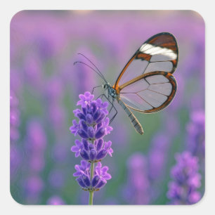 Sticker Carré Papillon aux ailes de verre sur une fleur de lavan