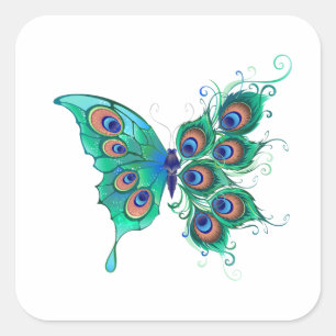 Sticker Carré Papillon aux plumes de paon vert