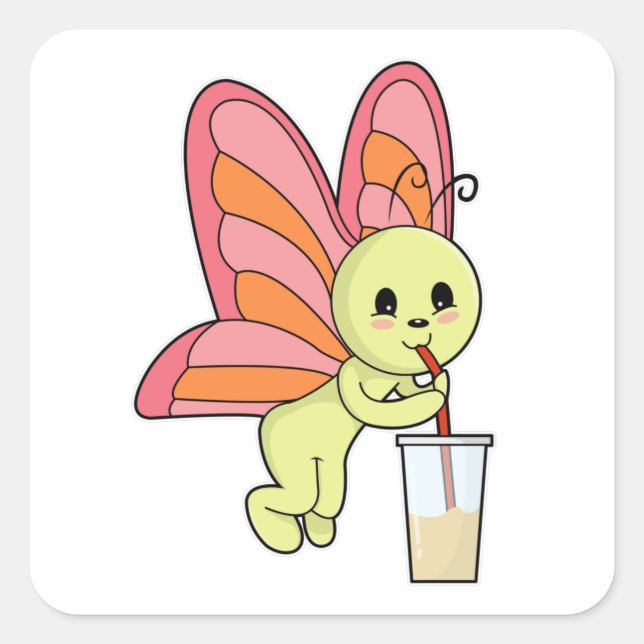Sticker Carré Papillon avec Boire et Boire paille (Devant)