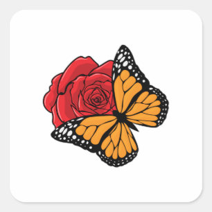 Sticker Carré Papillon avec Rose
