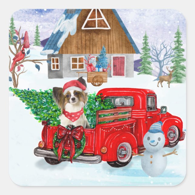Sticker Carré Papillon Chien dans la livraison de Noël Camion Ne (Devant)