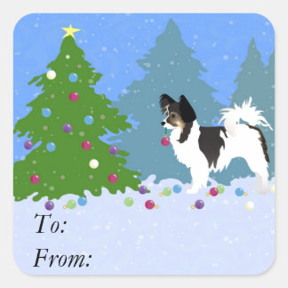 Sticker Carré Papillon Chien décorant l'arbre de Noël en forêt