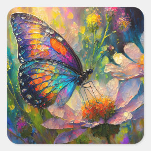 Sticker Carré Papillon coloré et Fleurs sauvages à Sunrise