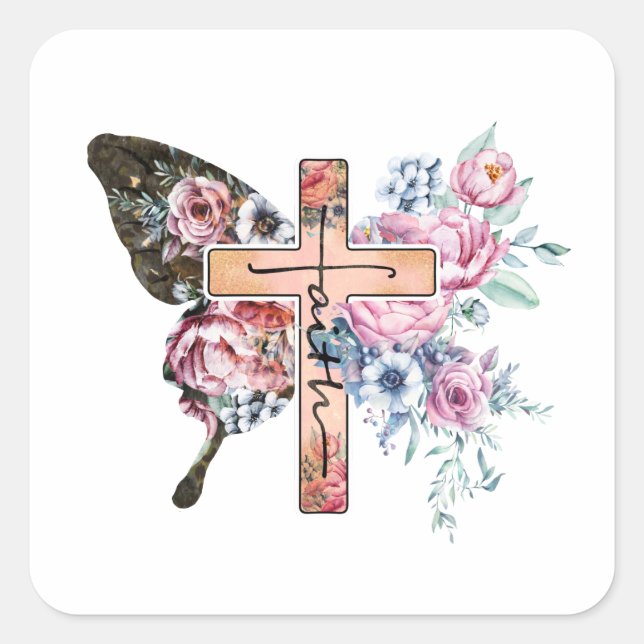 Sticker Carré Papillon Croix Foi floral (Devant)