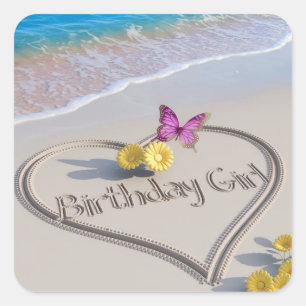 Sticker Carré Papillon d'art de sable mignon Fleur d'anniversair