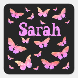 Sticker Carré Papillon d'art rose et violet Art Sarah Girls Nom
