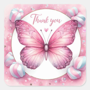 Sticker Carré Papillon de bonbon guimauve rose - Merci -